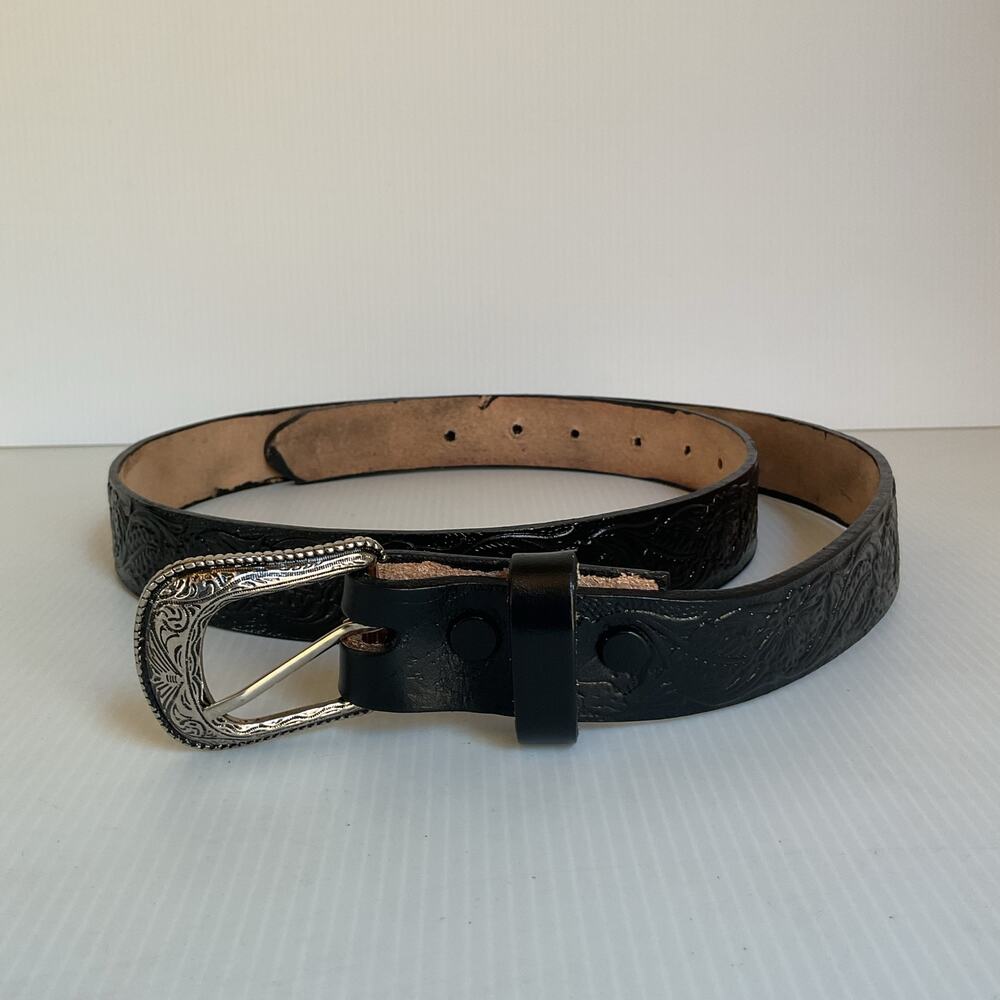 Black Embossed Leather Belt with Silver Western Buckle - Made in Mexico Size 38